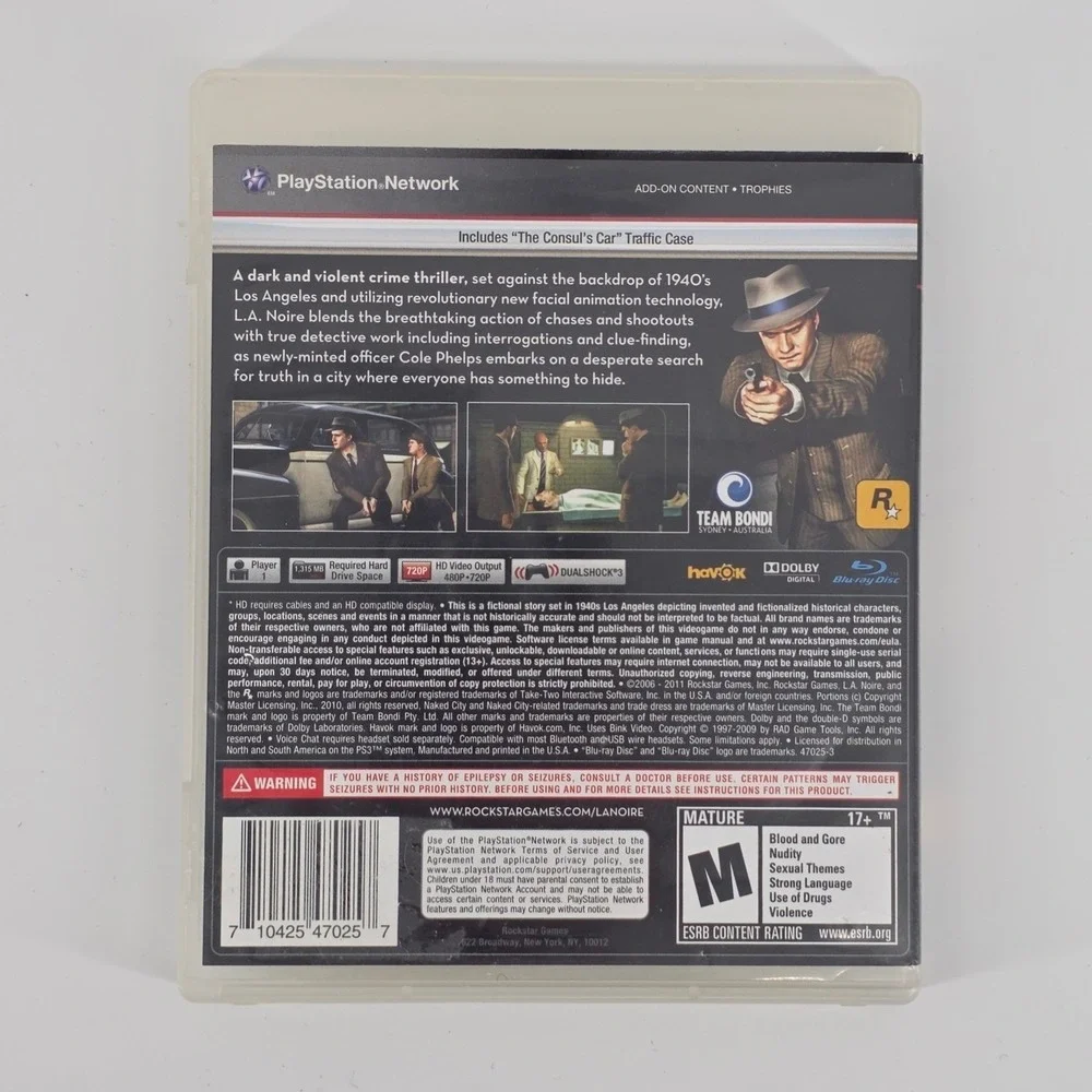 Rockstar LA Noire Sony PlayStation 3 PS3 Crime Detective Game No Manual